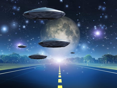Full moon seen from earth. Flying saucers over the highway