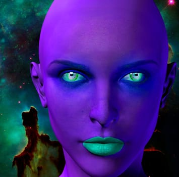 The face of female alien. Colorful universe on a background.