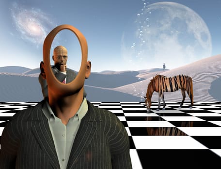 Surrealism. Faceless businessman with another thinking businessman behind him stands on chessboard. Lonely man in a distance. White sand dune. Striped horse like a tiger. 3D rendering