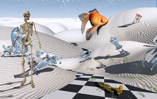 Surreal Consciousness. Checkered road in white desert. Skeleton and golden fish. 3D rendering