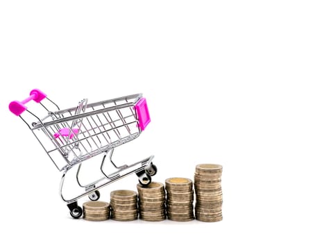 Stack of coin in the shopping cart isolated on white background. Saving and accounting concept.