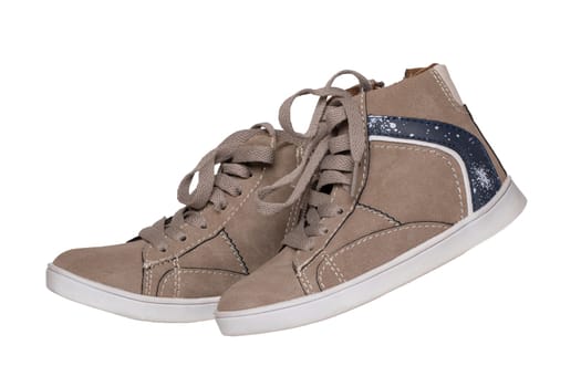 Winter boots and shoes. A pair brown suede winter boots isolated on a white background. Leather shoe fashion new collection winter 2018 to 2019.
