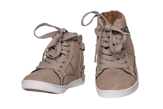 Winter boots and shoes. A pair brown suede winter boots isolated on a white background. Leather shoe fashion new collection winter 2018 to 2019.