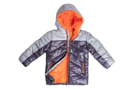 Winter jacket isolated. A stylish black warm down jacket with orange lining for the kids isolated on a white background. Childrens wear for winter.