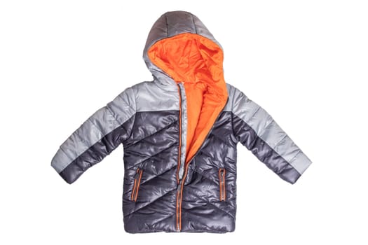 Winter jacket isolated. A stylish black warm down jacket with orange lining for the kids isolated on a white background. Childrens wear for winter.