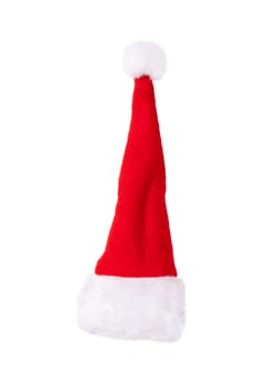 Closeup of a Santa Claus hat isolated on a white background. Christmas decorations background.