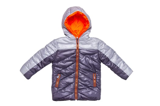 Winter jacket isolated. A stylish black warm down jacket with orange lining for the kids isolated on a white background. Childrens wear for winter.