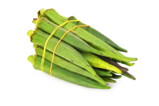 Okra on white background, close up of green vegetable