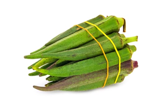 Okra on white background, close up of green vegetable
