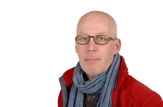 middle-aged man with a red jacket on the white background
