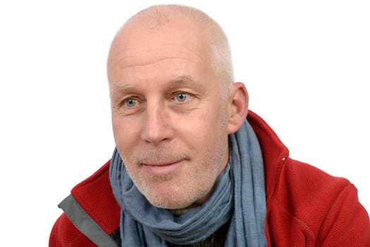 middle-aged man with a red jacket on the white background