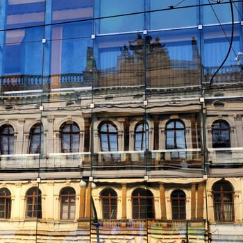 Nice view of ancient and modern buildings in Praha city