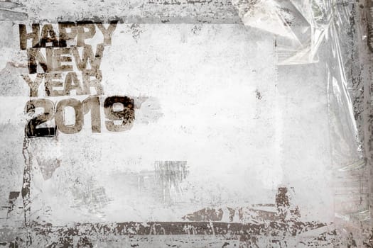 2019 Happy New Year grunge background with grungy frame and remains of scotch tape and cellophane. Fully editable. Ideal to use for parties invitation, dinner invitation, grungy events and more.