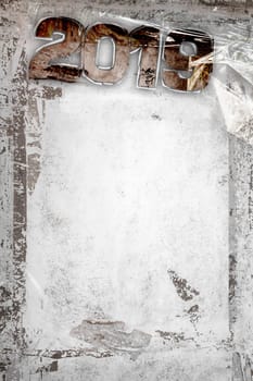 2019 Happy New Year grunge background with grungy frame and remains of scotch tape and cellophane. Fully editable. Ideal to use for parties invitation, dinner invitation, grungy events and more.