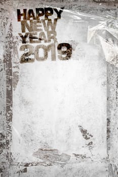 2019 Happy New Year grunge background with grungy frame and remains of scotch tape and cellophane. Fully editable. Ideal to use for parties invitation, dinner invitation, grungy events and more.