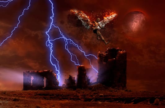 Surreal digital art. Lightning strikes spooky ruins of temple. Man with burning wings symbolizes fallen angel.