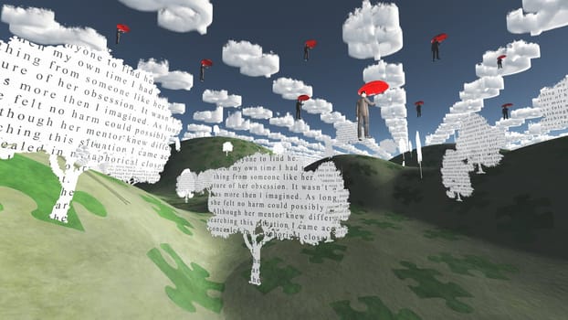 Symbolic composition. Businessman floats on red umbrellas amongst dollar symbol clouds in surreal landscape