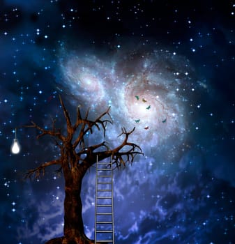 Old tree with ladder. Light bulb represents idea. Spiral galaxies in starry sky