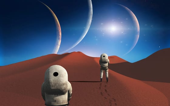Astronauts on another red planet. Space journey