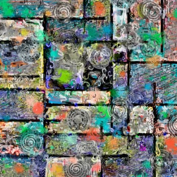 Colorful abstract composition with large gray, yellow and blue