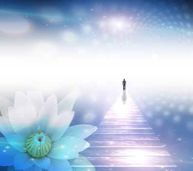 Figure of a man on shining road walks towards the light. White lotus.