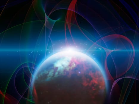 Planet with nebulous filaments. 3D rendering