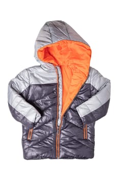 Winter jacket isolated. A stylish black warm down jacket with orange lining for the kids isolated on a white background. Childrens wear for winter.