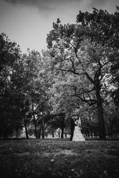 Black white photography beautiful young couple stand on background forest