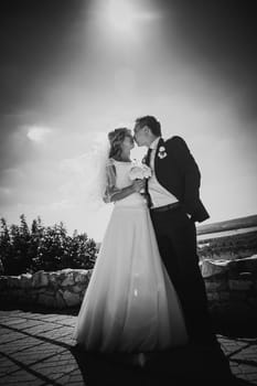 Black white photography happy couple bride and groom embracing they stand on background nature full length