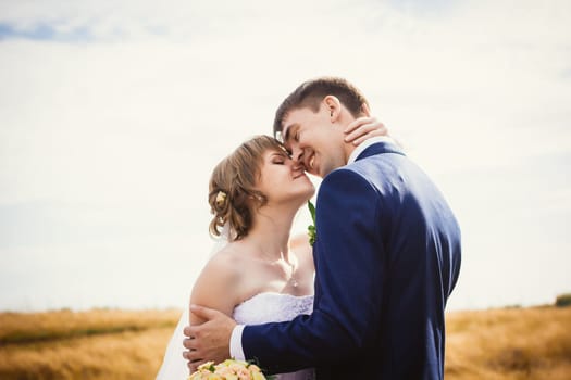 young bride and groom on the background of the field