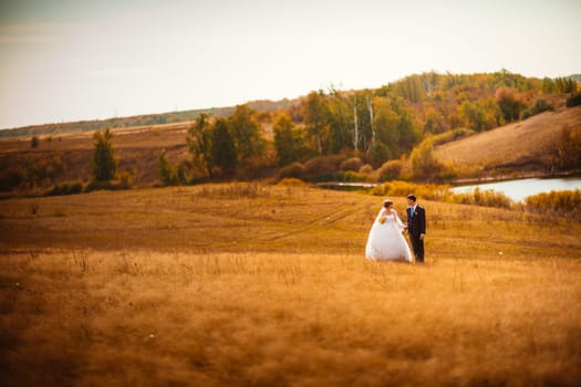 young bride and groom on the background of the field
