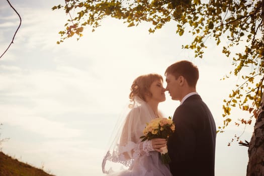 young bride and groom on the background of the lake
