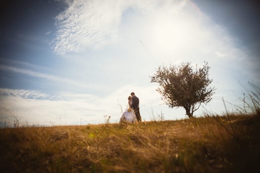 young bride and groom on the background of the field
