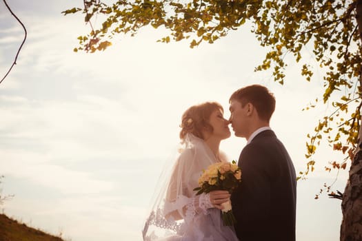 young bride and groom on the background of the lake