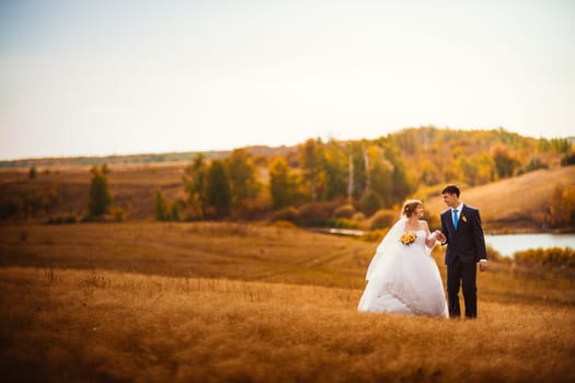 young bride and groom on the background of the field