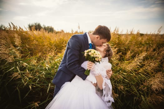 young bride and groom on the background of the field