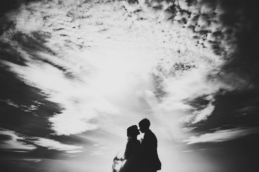 silhouettes of young bride and groom on the background of sky