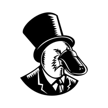 Retro woodcut style illustration of a duck-billed platypus, a semiaquatic egg-laying mammal endemic to eastern Australia, wearing a top hat and business suit on isolated background in black and white.