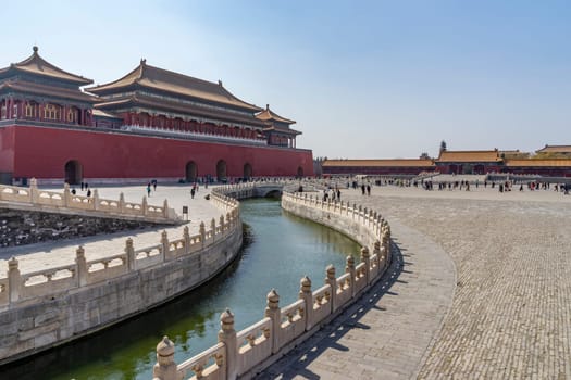 Beijing, China - Mar 16, 2018: View of people visiting the Forbidden City in Beijing. It is a palace complex in Beijing and a popular tourist attraction.
