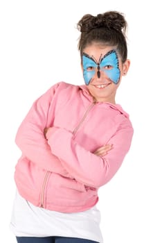 Girl with animal face-paint isolated in white