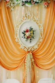beautiful wedding table decoration decor of the newlyweds in peach tones