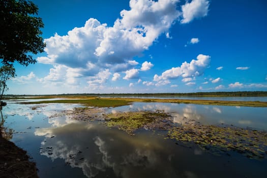 Reflection Lake With Cumulus Clouds, idyllic landscape with standing water