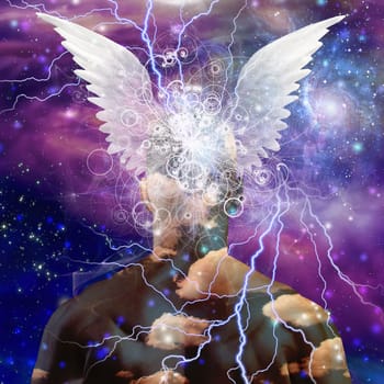 Winged man head on star filled