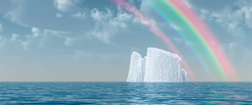 Surreal digital art. Big iceberg floats in quiet ocean. Rainbow in the cloudy sky.