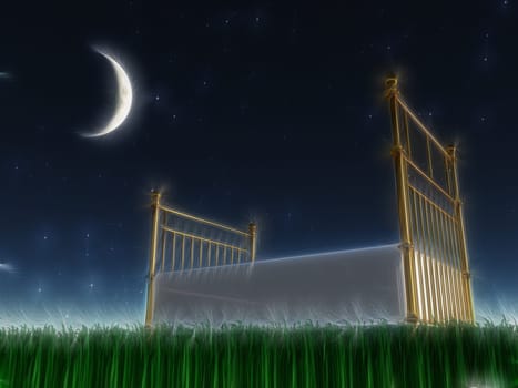 Surreal composition. Bed outside under the stars
