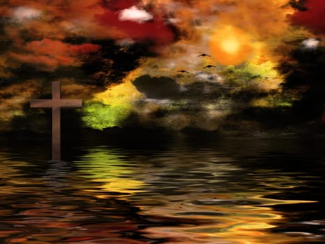 Surreal painting. Vivid sunset and cross on the water.