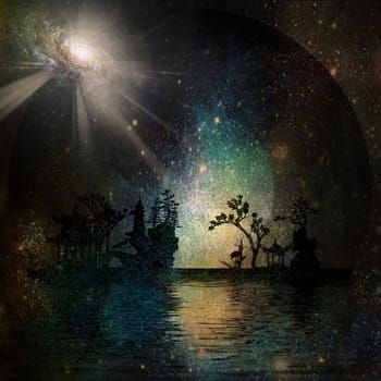 Asia Garden Landscape. Bright galaxy in the sky