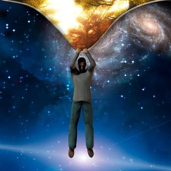 Surreal painting. Man rips out dimension.