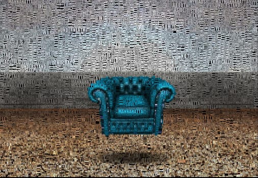 Abstract painting. Coach under water. Image composed entirely of words, text