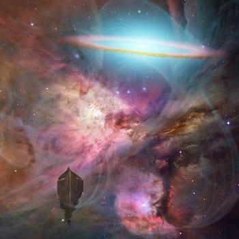 Space background with boat. Galaxy disk in vivid universe